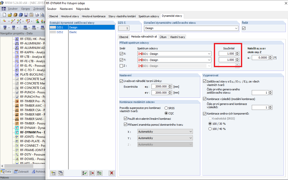 Možnosti úpravy měřítka pro modální analýzu spektra odezvy v modulu RF-DYNAM Pro - Equivalent Loads podle NBC 2015