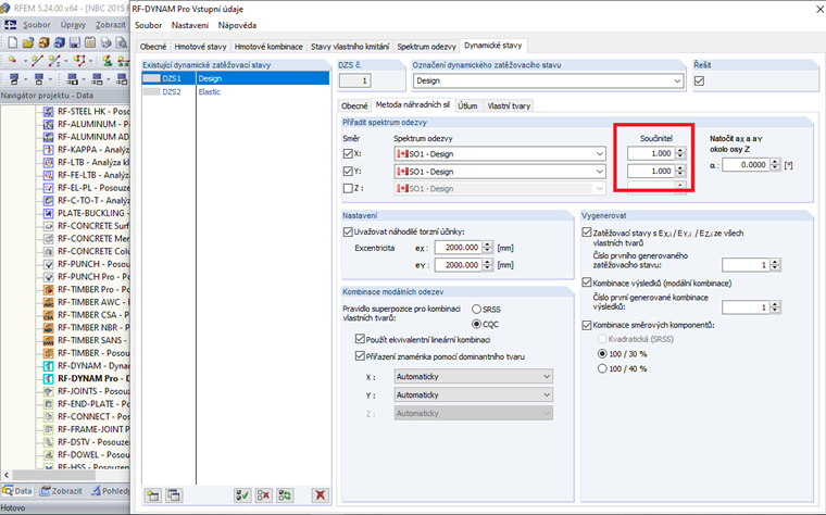 Možnosti úpravy měřítka pro modální analýzu spektra odezvy v modulu RF-DYNAM Pro - Equivalent Loads podle NBC 2015