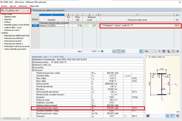Výsledky klopení v modulu RF-STEEL AISC podle kapitoly F