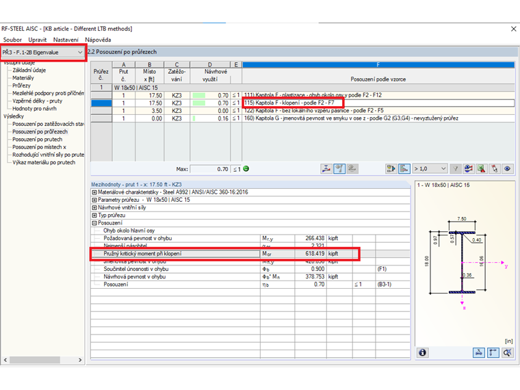 Porovnání výsledků analýzy klopení pomocí vlastních čísel