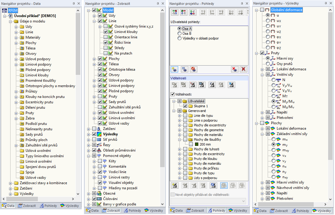 Záložky „Data“, „Zobrazit“, „Pohledy“ a „Výsledky“ navigátoru projektu