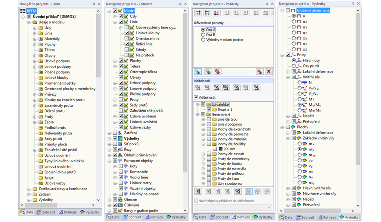 Záložky „Data“, „Zobrazit“, „Pohledy“ a „Výsledky“ navigátoru projektu
