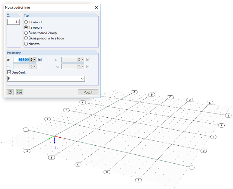 Dialog „Nová vodicí linie“ a rastr z vodicích linií