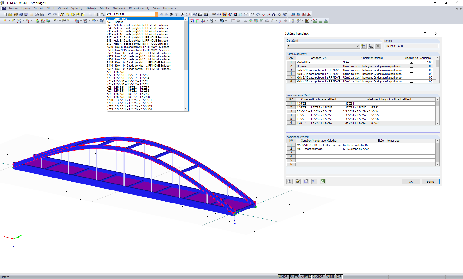 Schéma kombinací z existujících zatěžovacích stavů a kombinací