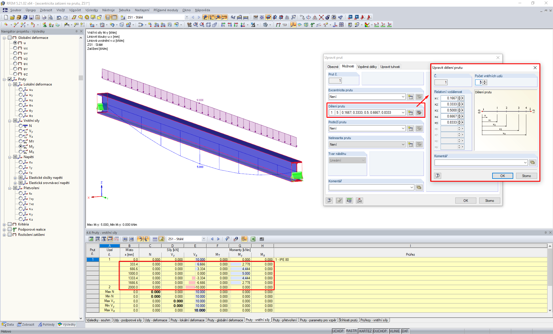 Dělení prutu pěti mezilehlými body