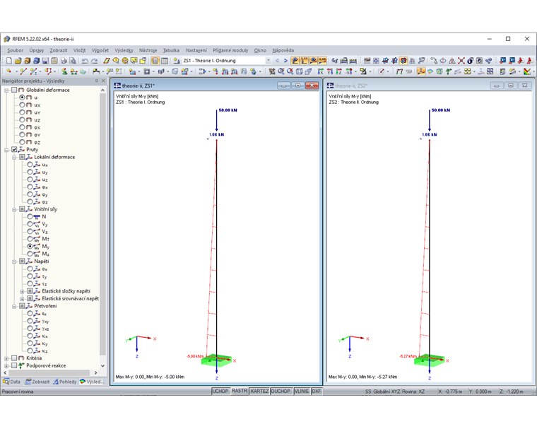 Ohybové momenty podle teorie I. řádu Analýza (vlevo) a teorie II. řádu Analýza (vpravo)