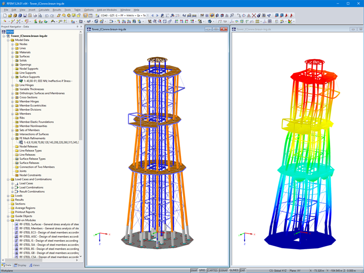 Model (vlevo) a obrázek deformace (vpravo) rozhledny v programu RFEM (© Ingenieurbüro Braun GmbH & Co. KG)