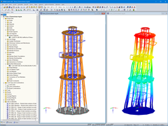Model (vlevo) a obrázek deformace (vpravo) rozhledny v programu RFEM (© Ingenieurbüro Braun GmbH & Co. KG)
