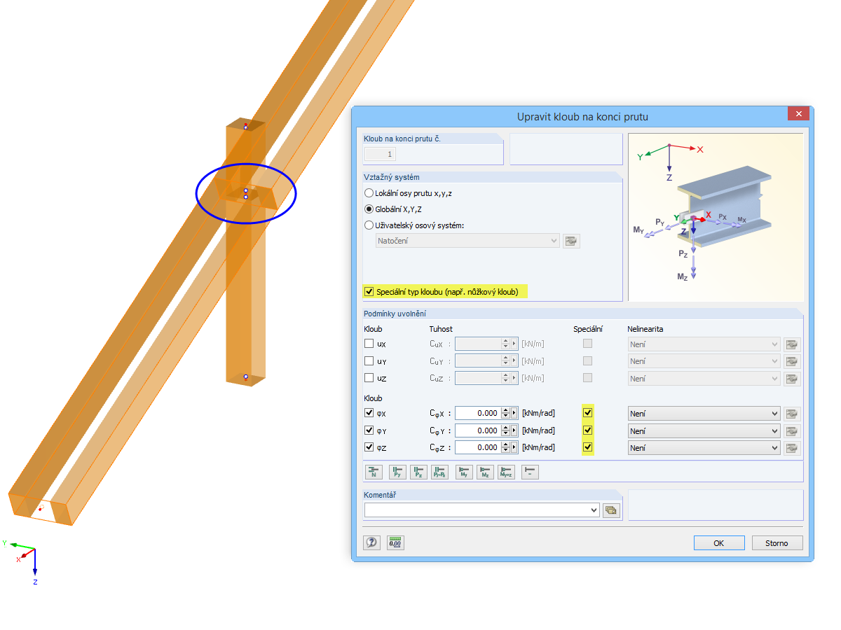 Nůžkový kloub mezi krokví a sloupkem