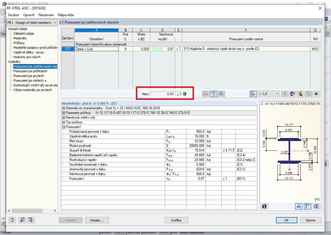 Výsledky pro konečný návrh v RF-STEEL AISC