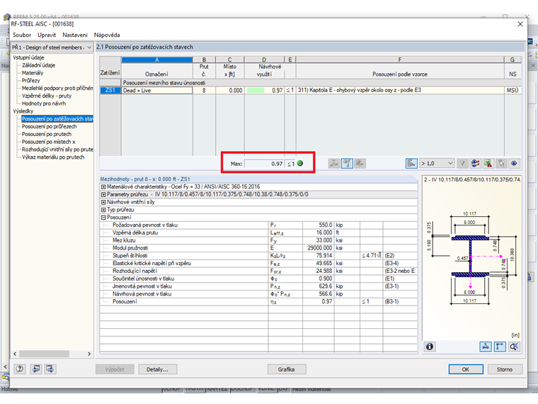 Výsledky pro konečný návrh v RF-STEEL AISC