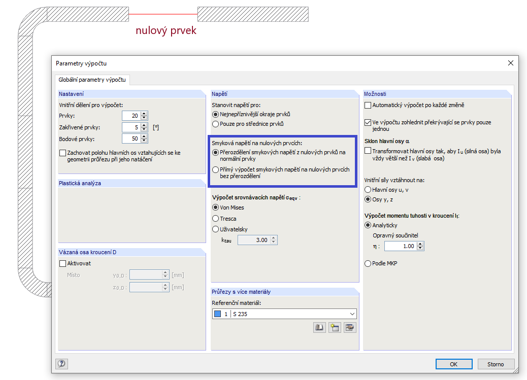 Stanovení smykových napětí u nulových prvků