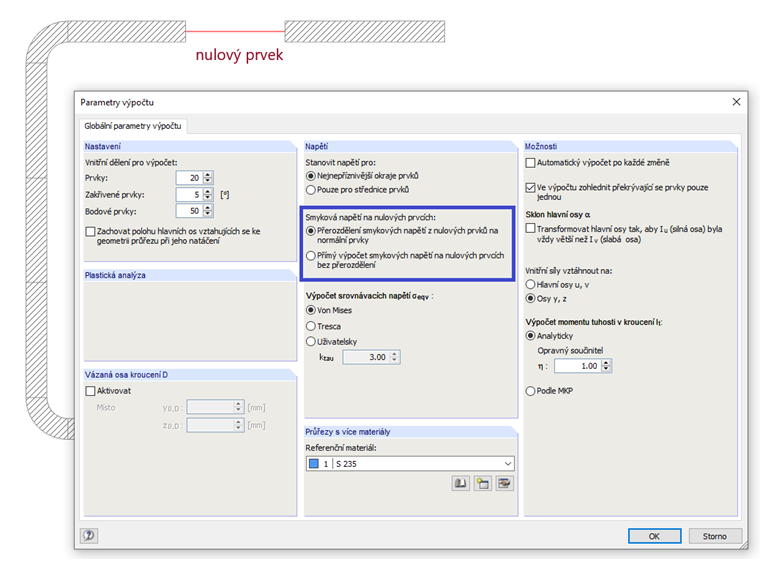 Stanovení smykových napětí u nulových prvků