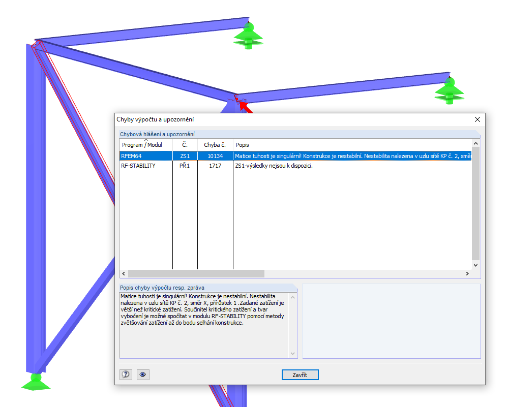 Hlášení o nestabilitě v důsledku vypadnutí tahového prutu