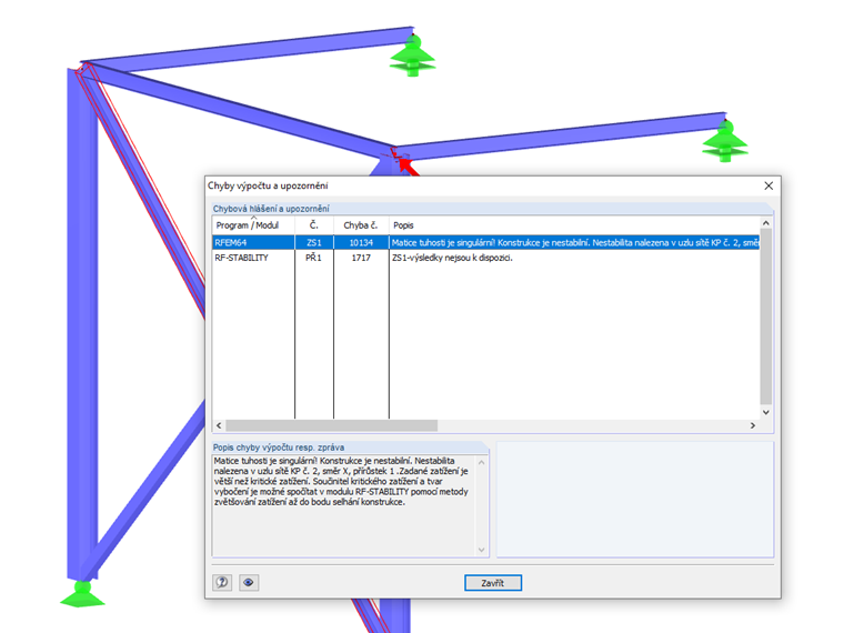 Hlášení o nestabilitě v důsledku vypadnutí tahového prutu
