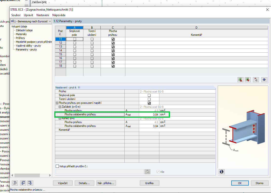 Zadání oslabené průřezové plochy v přídavném modulu