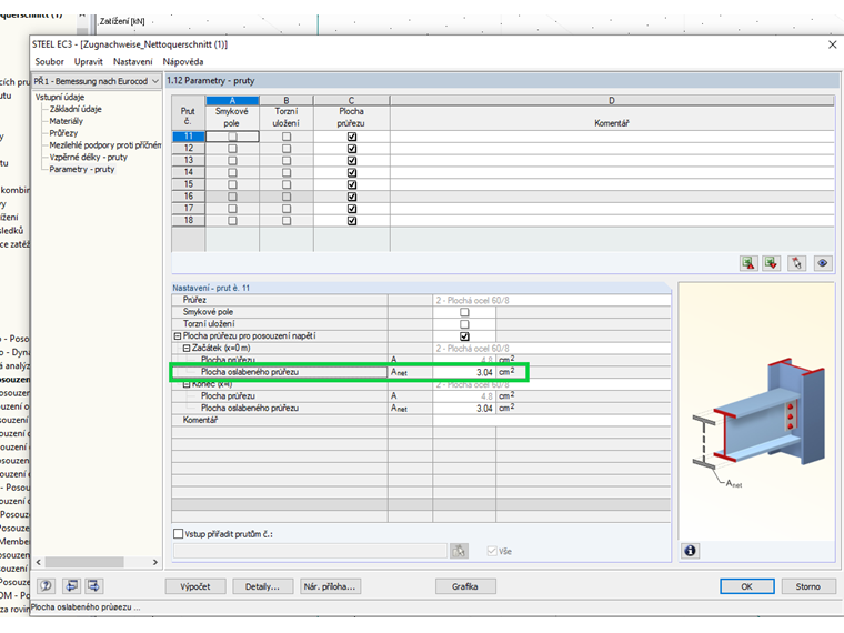 Zadání oslabené průřezové plochy v přídavném modulu