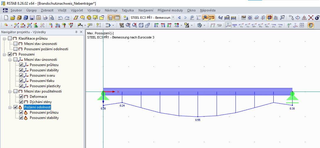 Grafické zobrazení výsledků modulu RF-/STEEL EC3 - posouzení požární odolnosti
