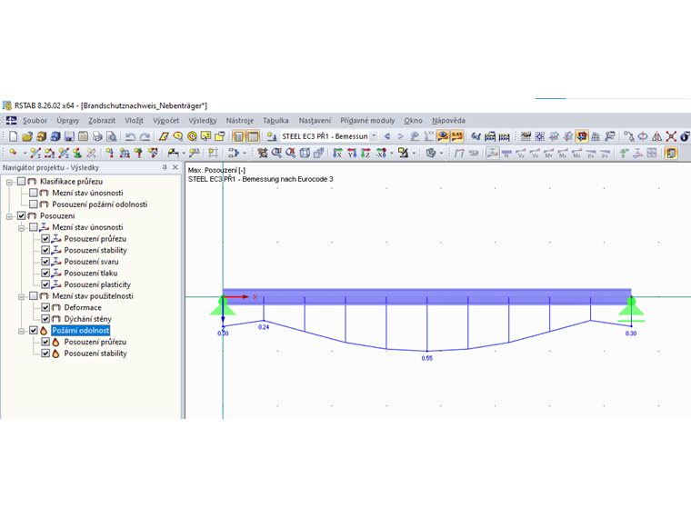 Grafické zobrazení výsledků modulu RF-/STEEL EC3 - posouzení požární odolnosti