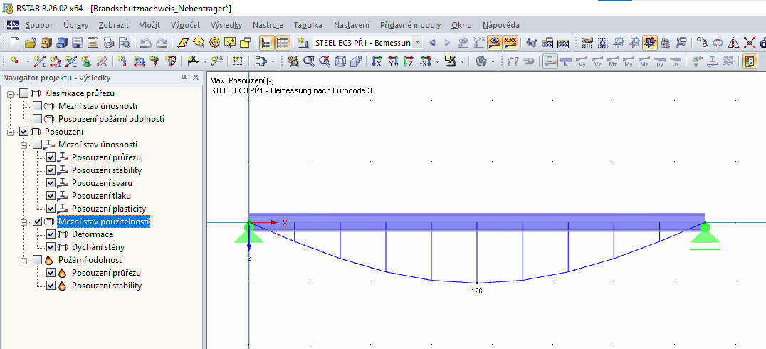 Grafické zobrazení výsledků modulu RF-/STEEL EC3 - posouzení mezního stavu použitelnosti