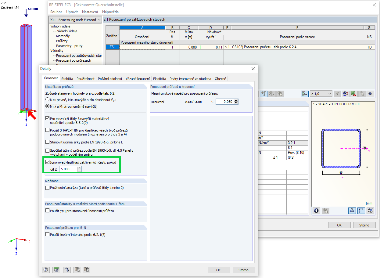 Ignorování zakřivených částí průřezu v modulu RF-STEEL EC3
