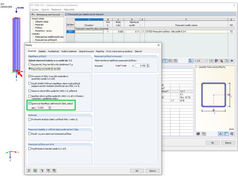 Ignorování zakřivených částí průřezu v modulu RF-STEEL EC3