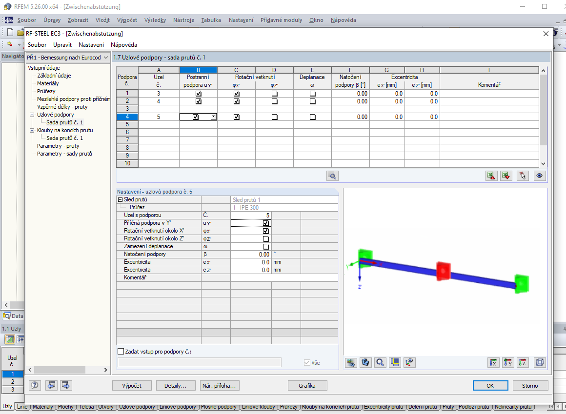 Zadání uzlové podpory ve středu prutu