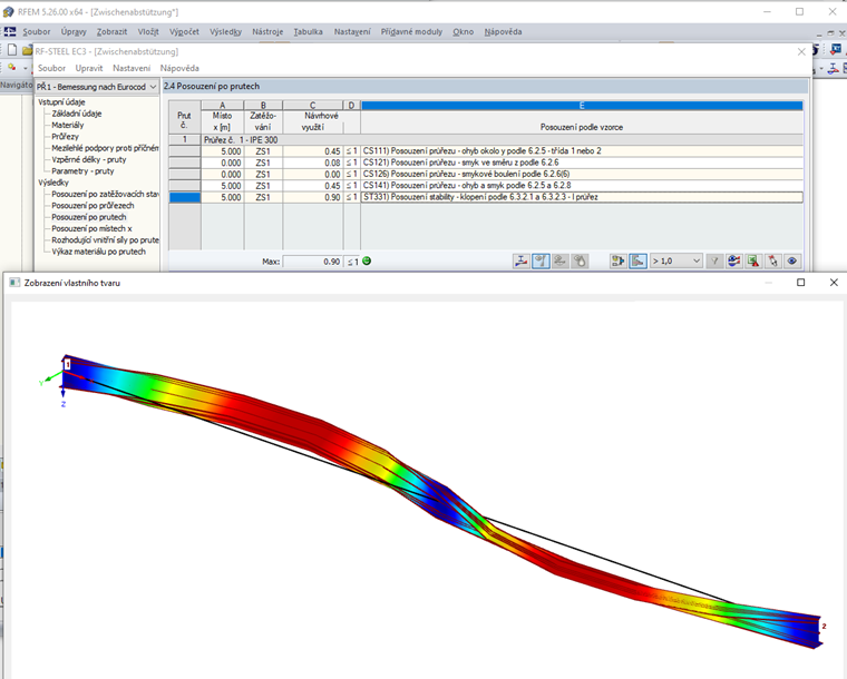 Vlastní tvar a posouzení při zadání mezilehlé podpory