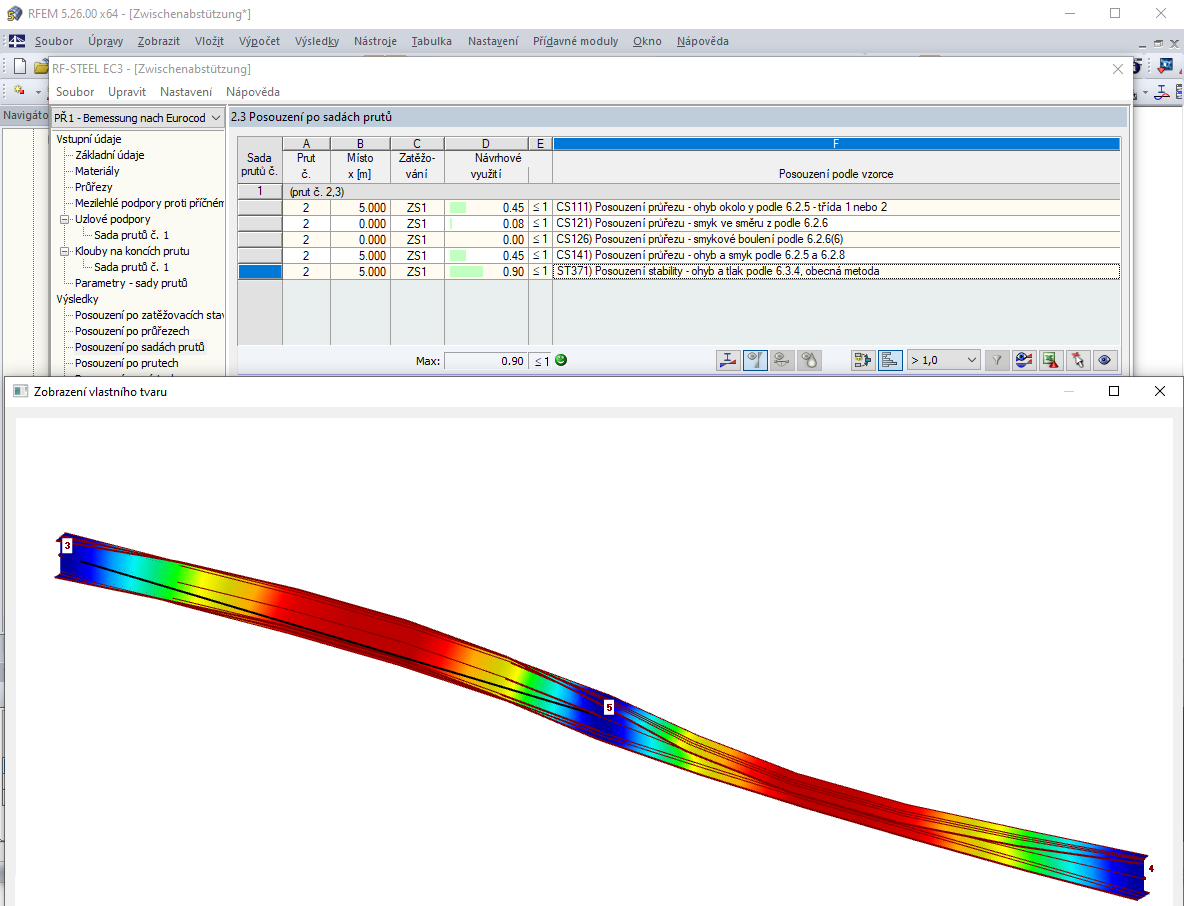 Vlastní tvar a posouzení při zadání uzlové podpory