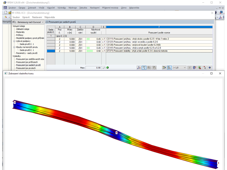 Vlastní tvar a posouzení při zadání uzlové podpory