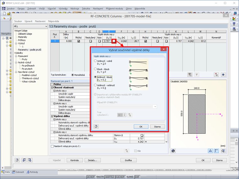 Předem stanovené hodnoty součinitele vzpěrné délky okolo osy y