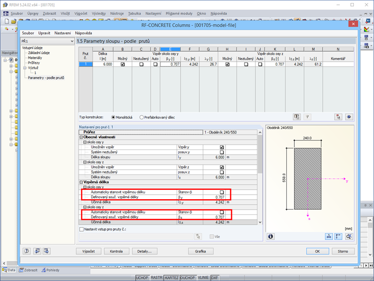 Uživatelsky definované součinitele vzpěrné délky ve vstupních údajích