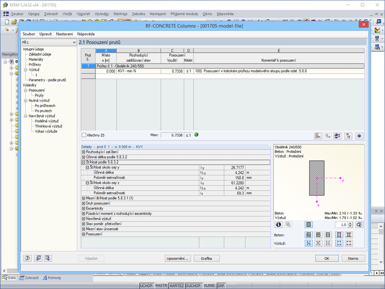 Zobrazení hodnot štíhlosti