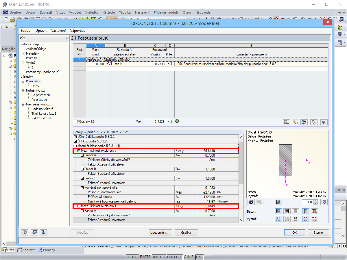 Zobrazení mezních hodnot štíhlosti