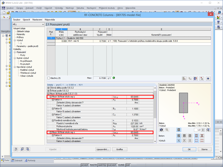 Zobrazení mezních hodnot štíhlosti