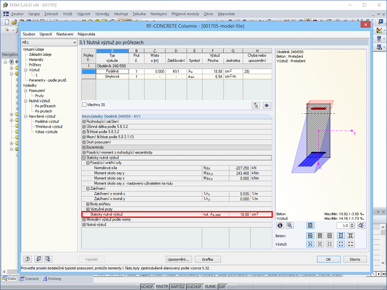 Nutná výztuž stanovená pomocí RF-CONCRETE Columns