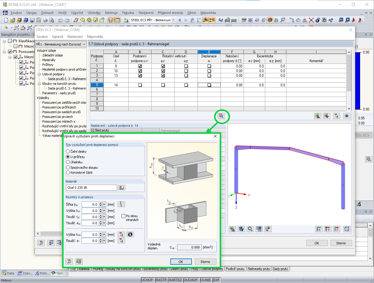 Vyztužení proti deplanaci pomocí přivařeného U-profilu