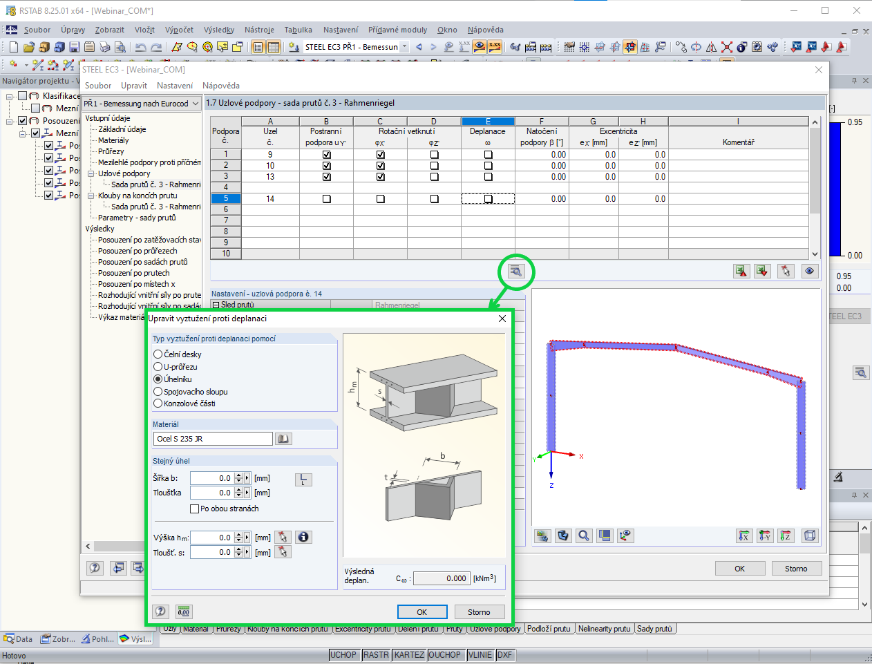 Vyztužení proti deplanaci pomocí přivařeného úhelníku