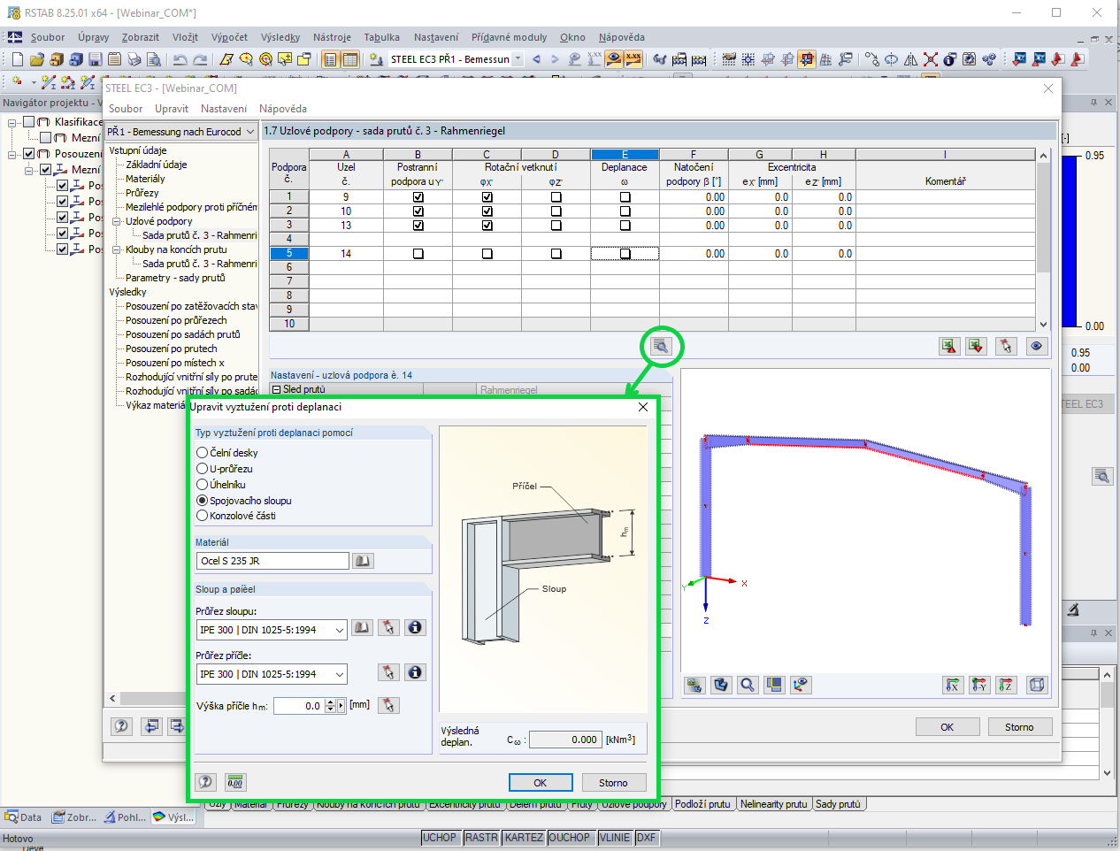 Vyztužení proti deplanaci pomocí připojeného sloupu