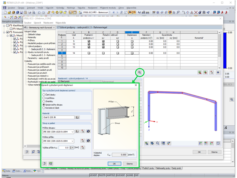 Vyztužení proti deplanaci pomocí připojeného sloupu