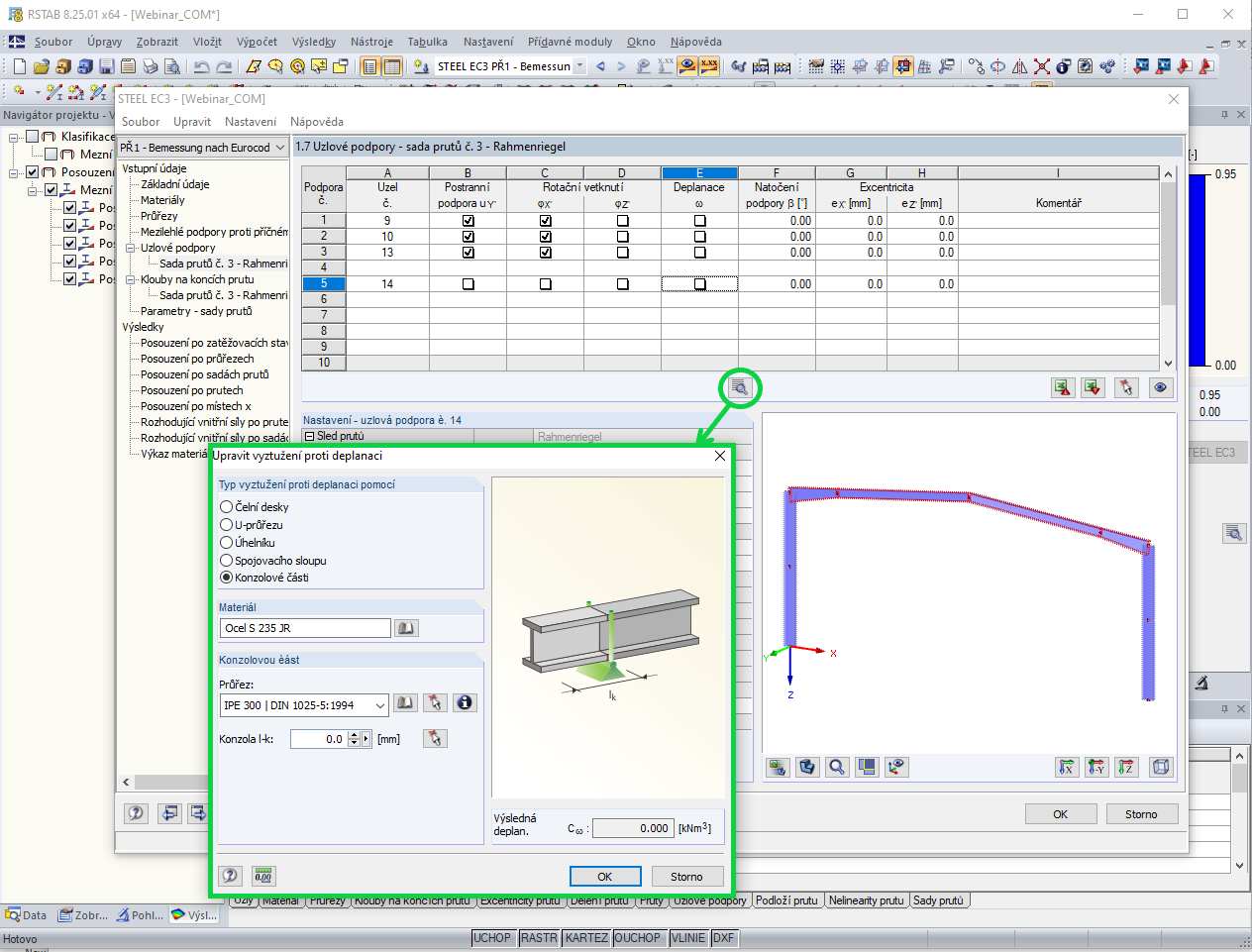 Vyztužení proti deplanaci pomocí konzolové části