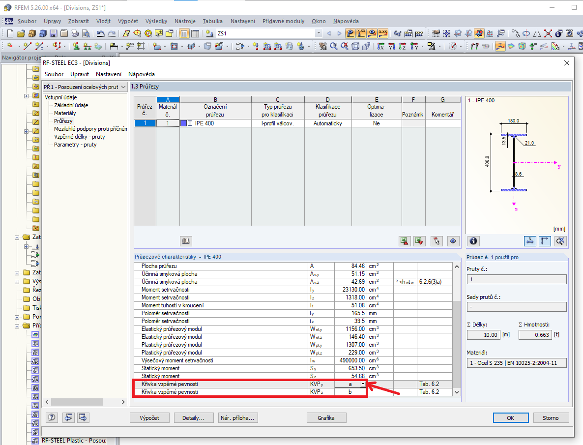 Výběr křivky vzpěrné pevnosti v přídavném modulu RF-/STEEL EC3