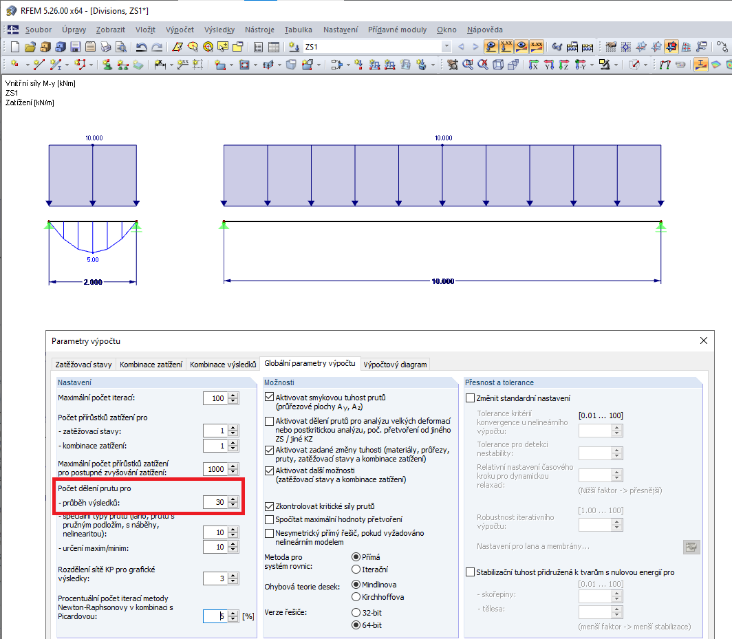 Průběh momentu s děleními na prutu pro průběhy výsledků na 30 dílů