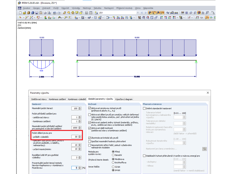 Průběh momentu s děleními na prutu pro průběhy výsledků na 30 dílů