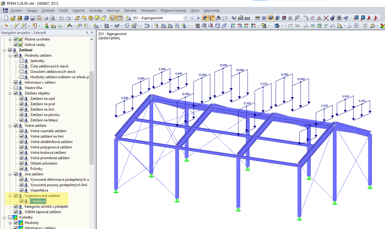 Zobrazení vygenerovaných zatížení odděleně
