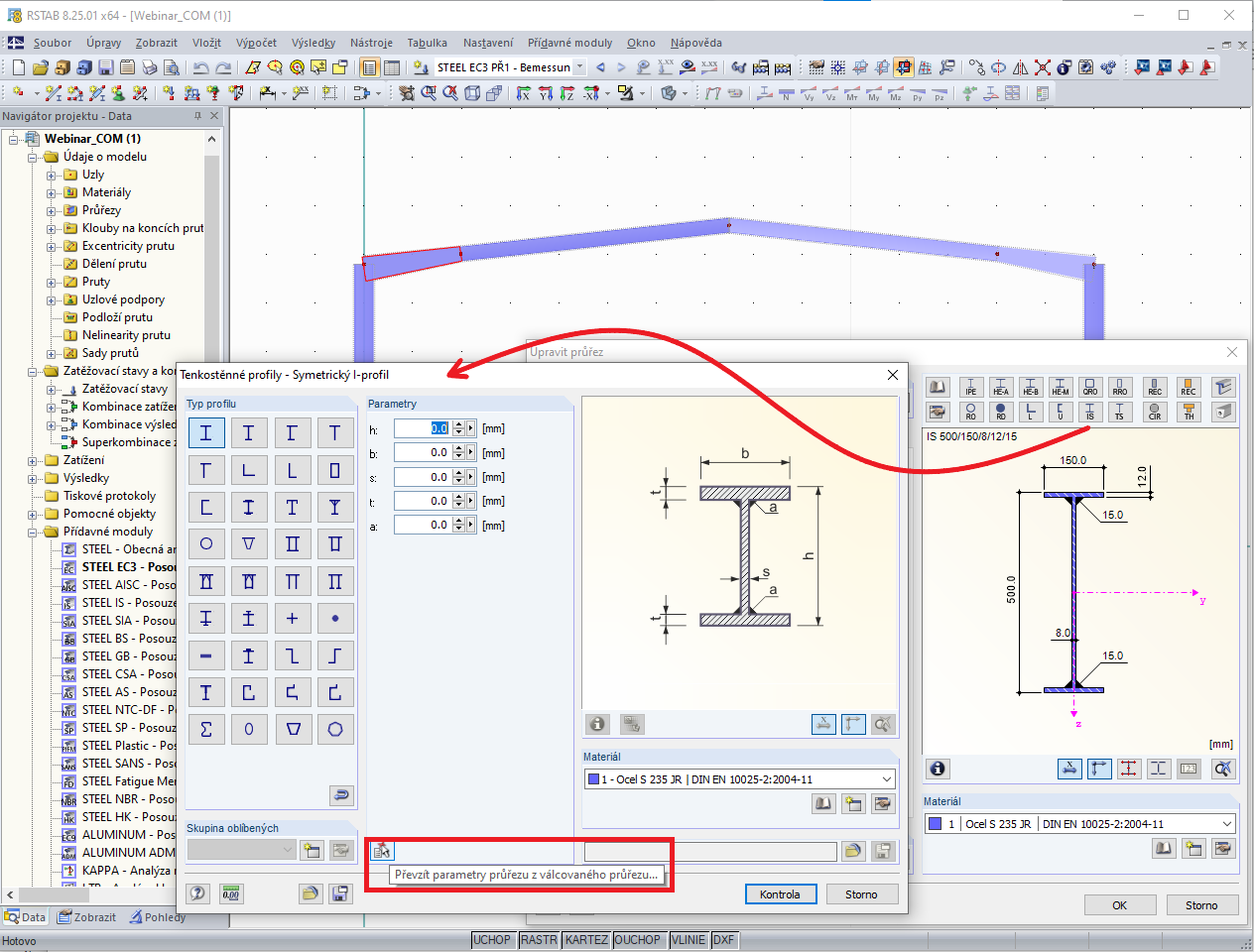 Převzít parametry průřezu z válcovaného průřezu