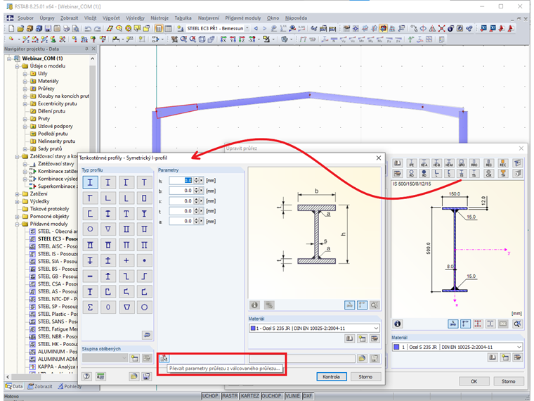 Převzít parametry průřezu z válcovaného průřezu