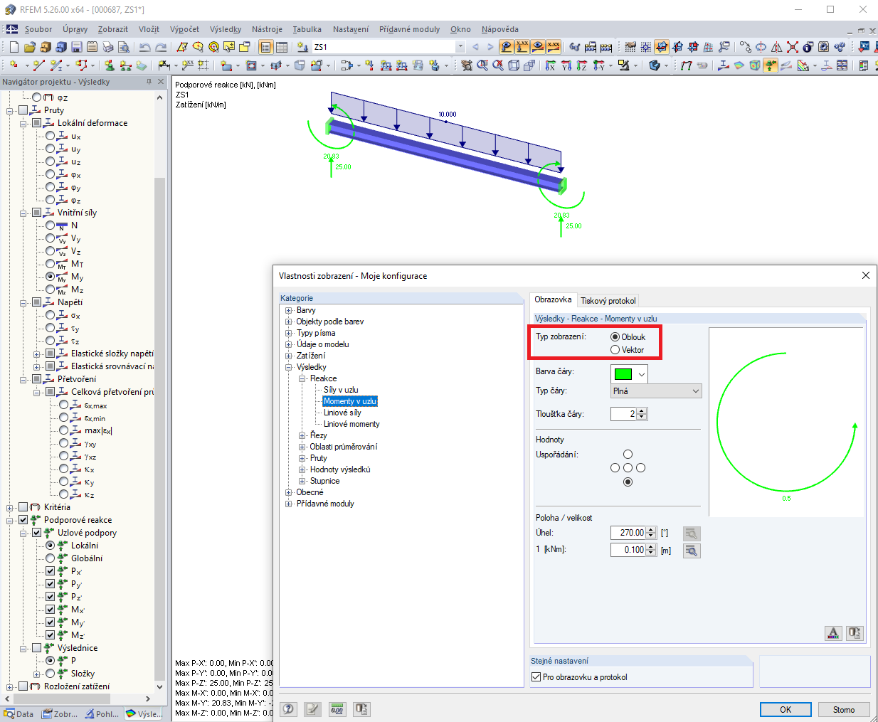 Zobrazení podporových momentů jako oblouků