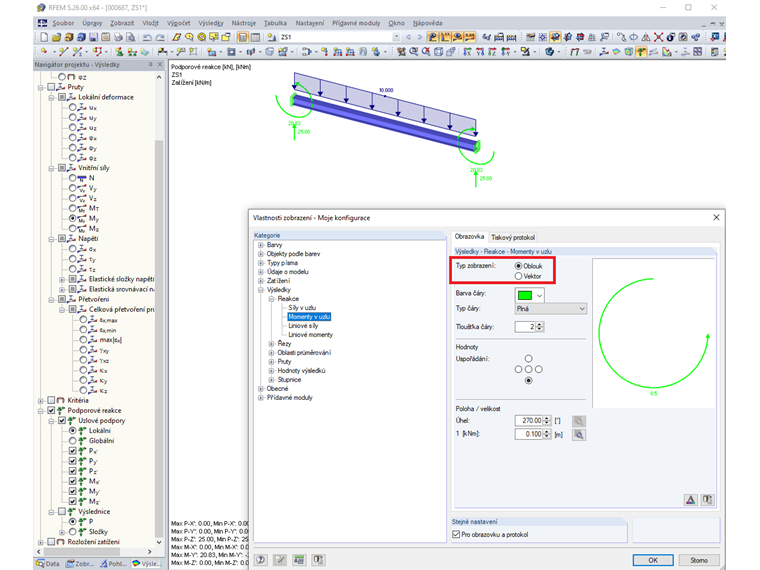 Zobrazení podporových momentů jako oblouků