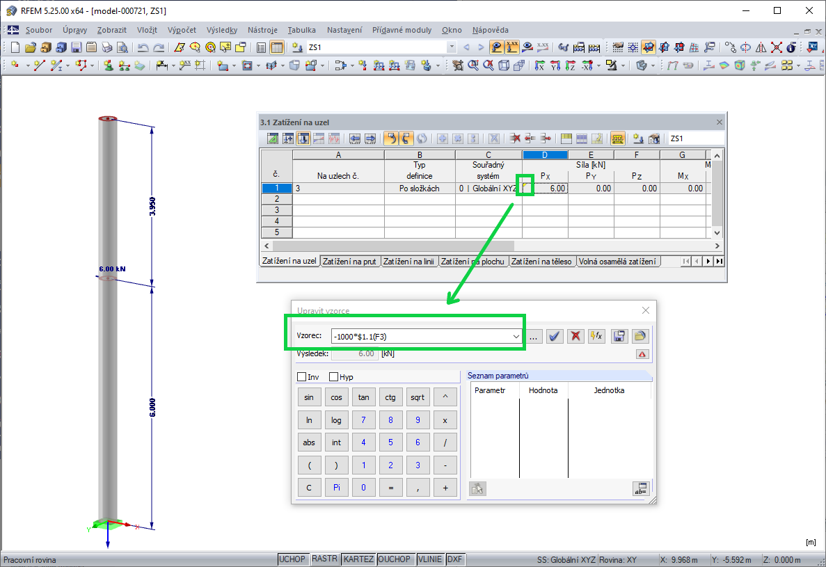 Zatížení na uzel závislé na výšce